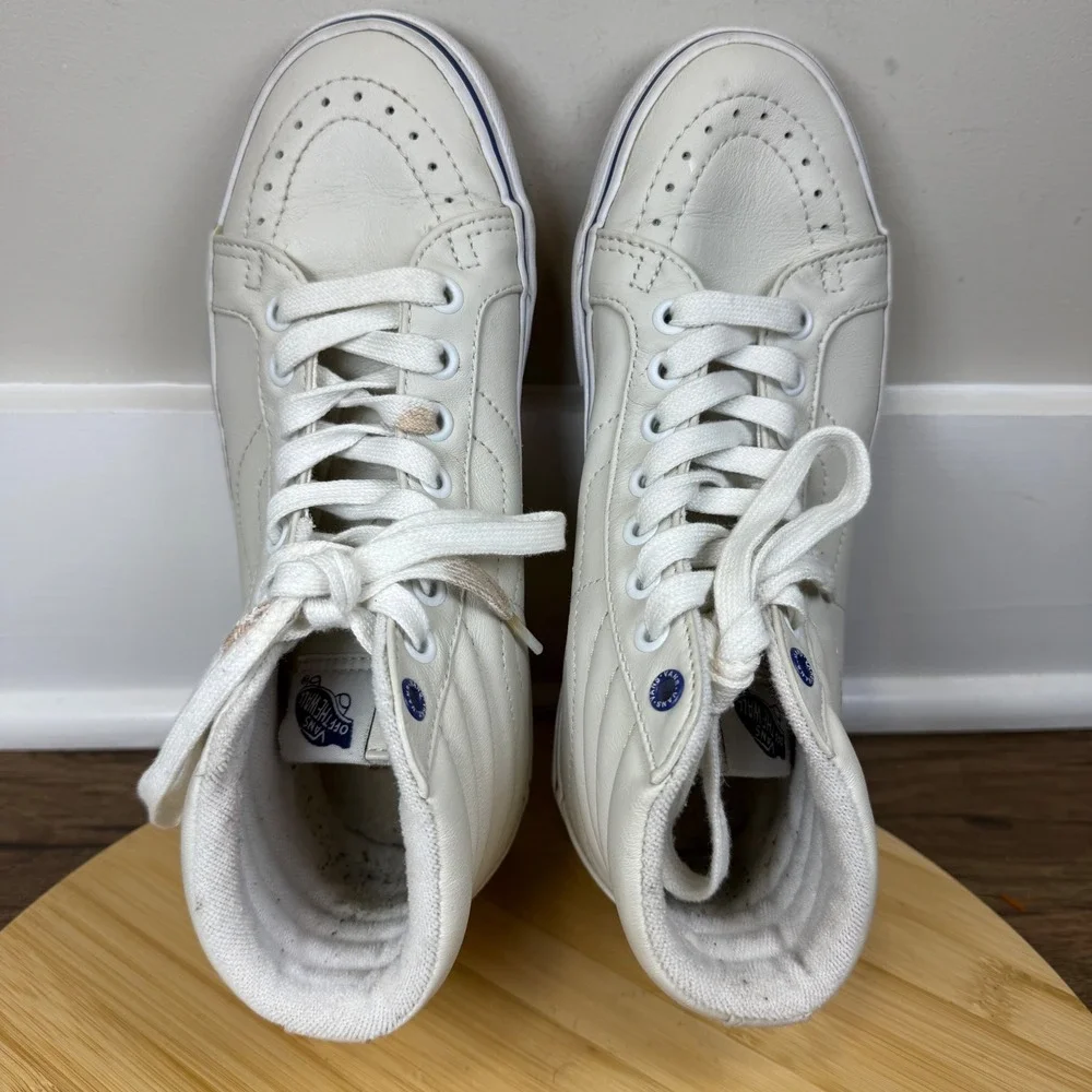 Vans Sk8-Hi Sneakers Womens 7 Mens 5.5 Off-White Leather Good High Top Blue Trim